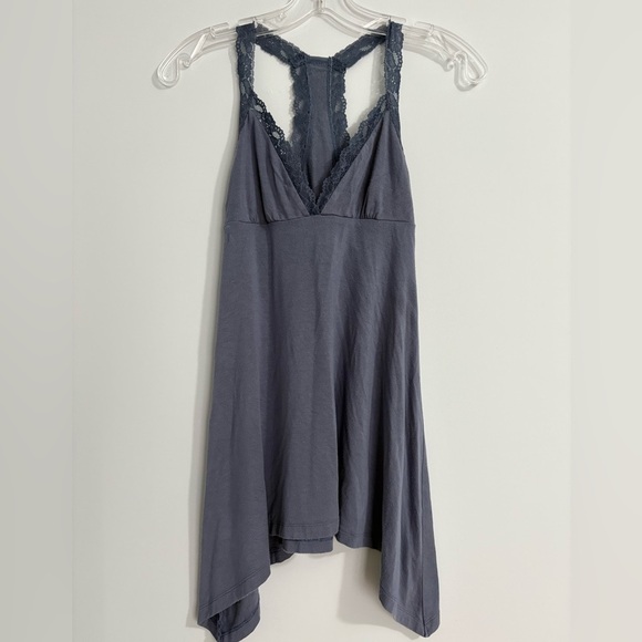 Women XS Lace Trim Cami Babydoll Tank Top Coquette Racerback Long Blue - Picture 1 of 7